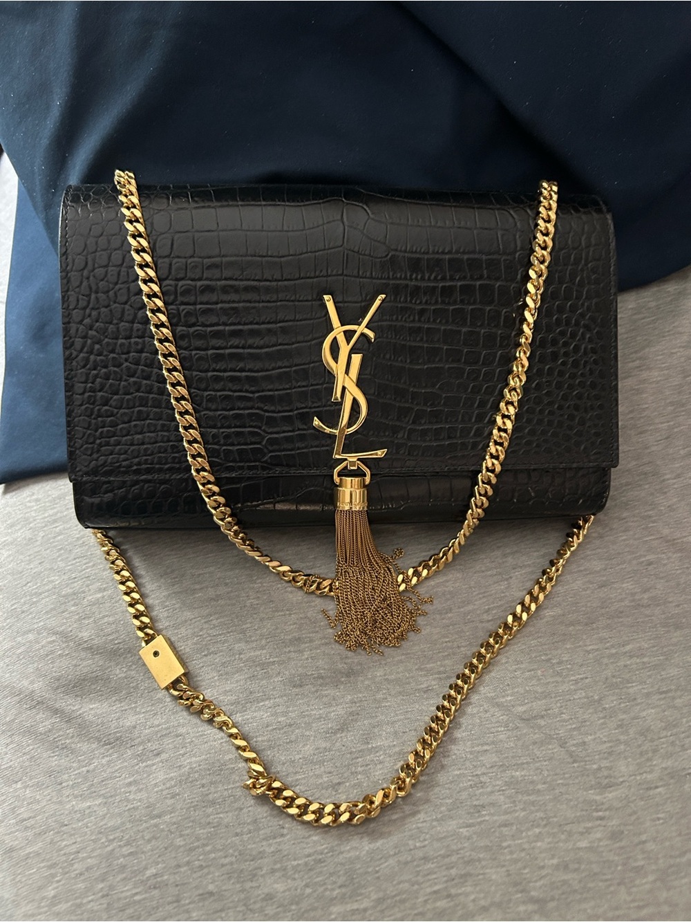 Saint Laurent Black Croc-Embossed Tassel Shoulder Bag with Gold Hardware